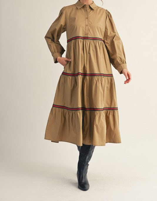 Taupe Stripe Trim Accent Tiered Midi Dress