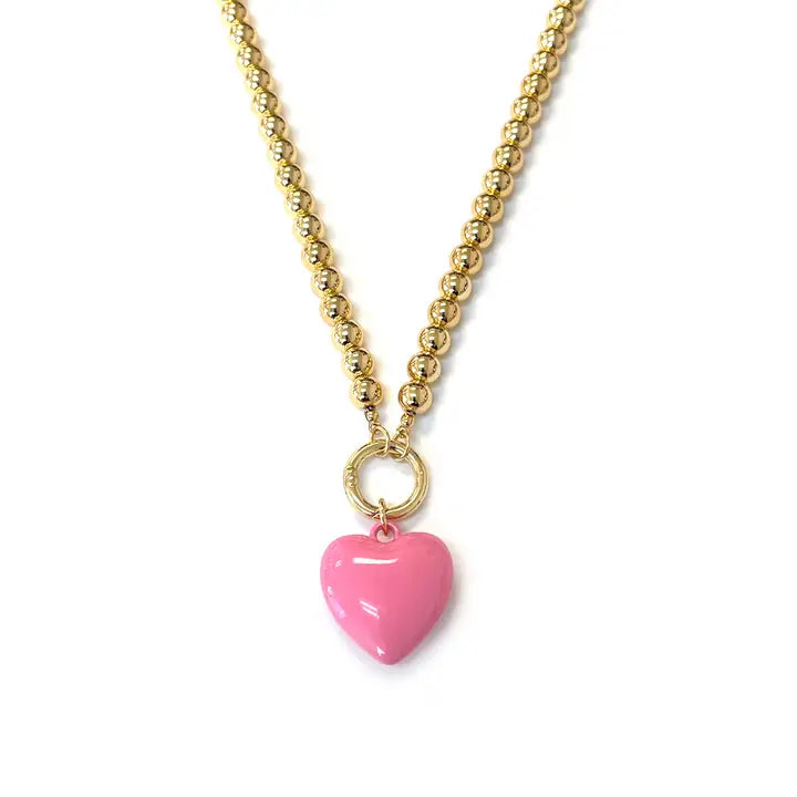 Cute Puffy Heart Pendant with Ccb Ball Beaded Necklace- Pink