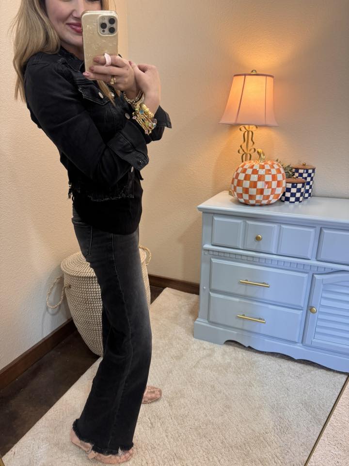 Black Ribbed Long Sleeve Button Down Top