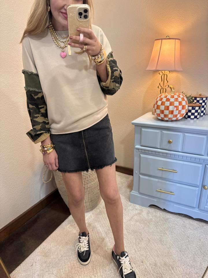 Cream French Terry With Camo Denim Sleeve Top