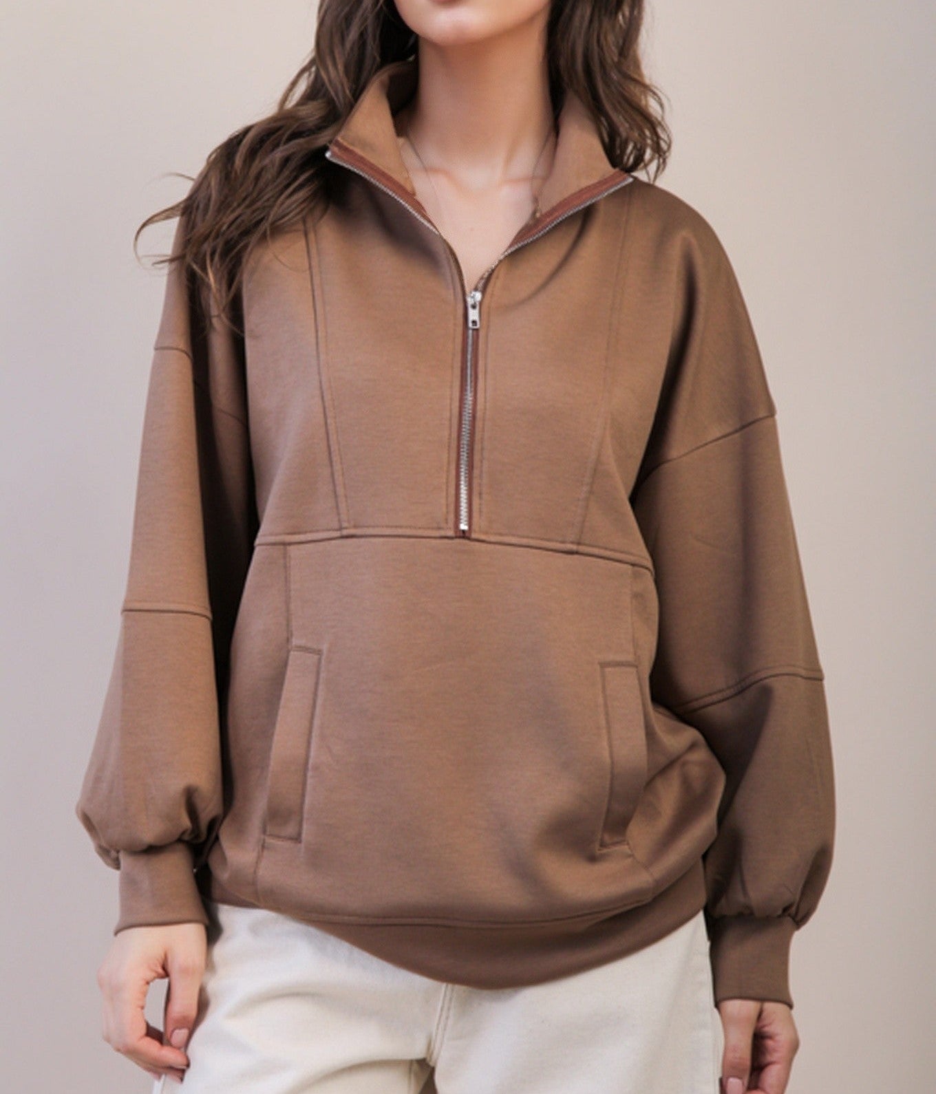 Mocha Half Zip Up Over-sized Casual Comfy Knit Top