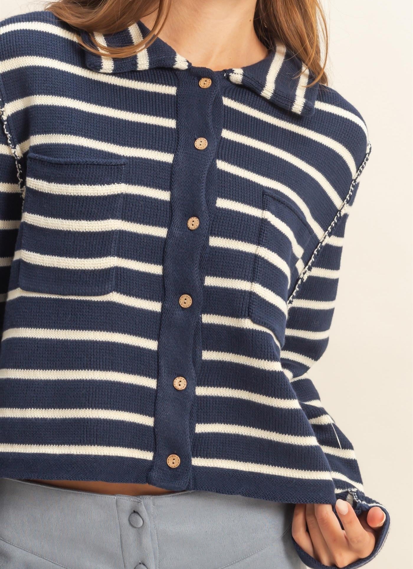 Navy/Cream Collared Striped Button-down Casual Sweater
