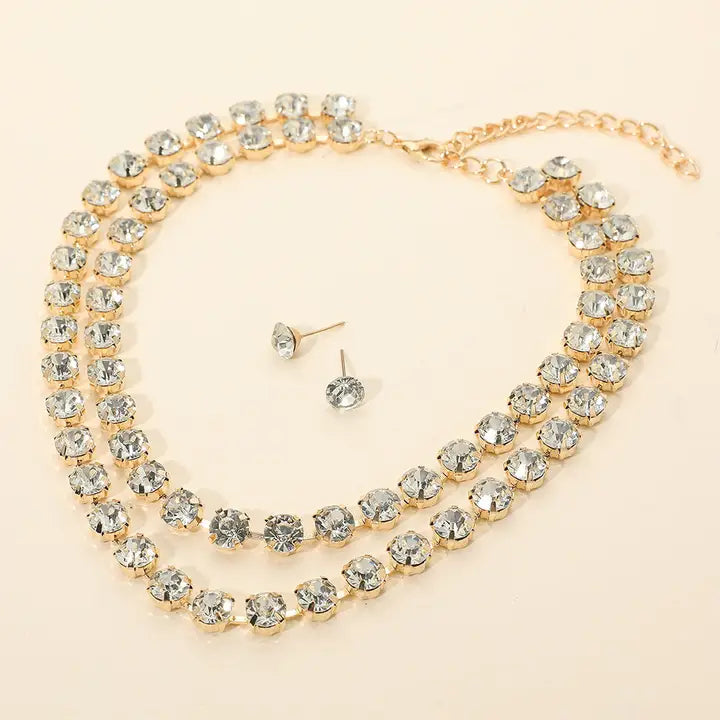 Double Row Round Stone Cluster Link Layered Necklace- Clear/Gold