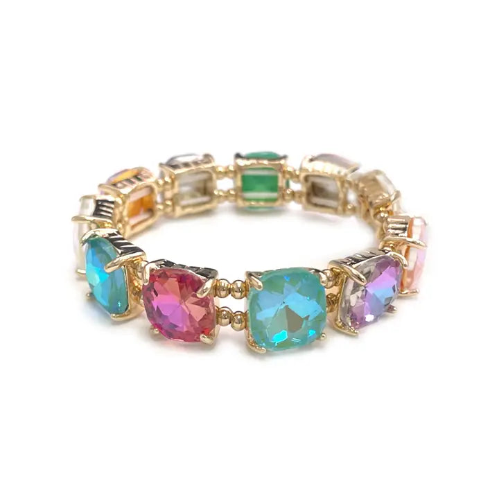 Cushion Cut Glass Crystal Linked Stretch Bracelet- Light Pastel