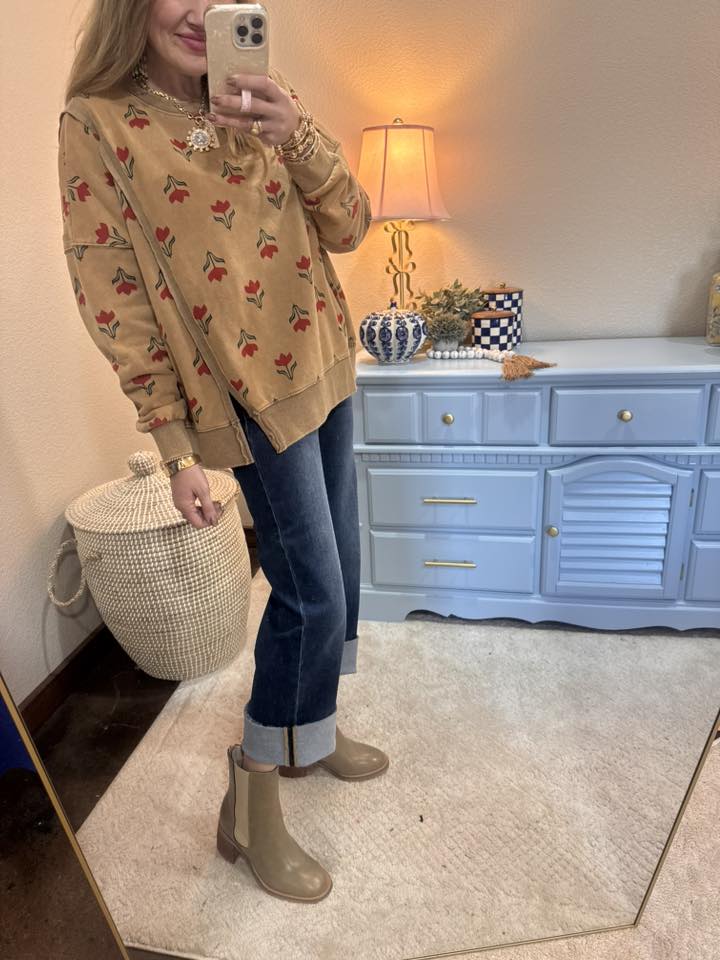 Tan Flower Print Split Hem Pullover Top