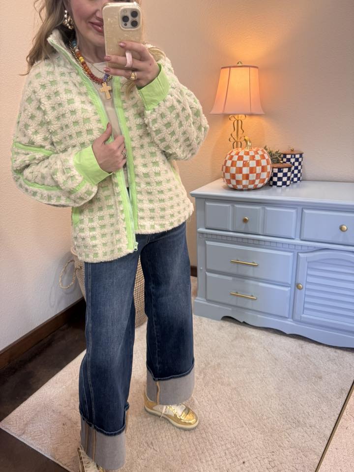 Cream & Green Over-sized Checker Fleece Jacket