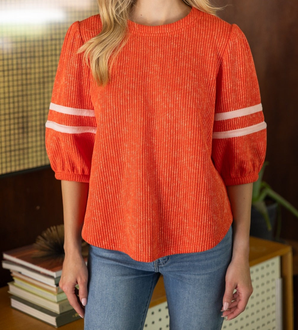 Orange Striped Detail Half Puff Sleeve Knit Top