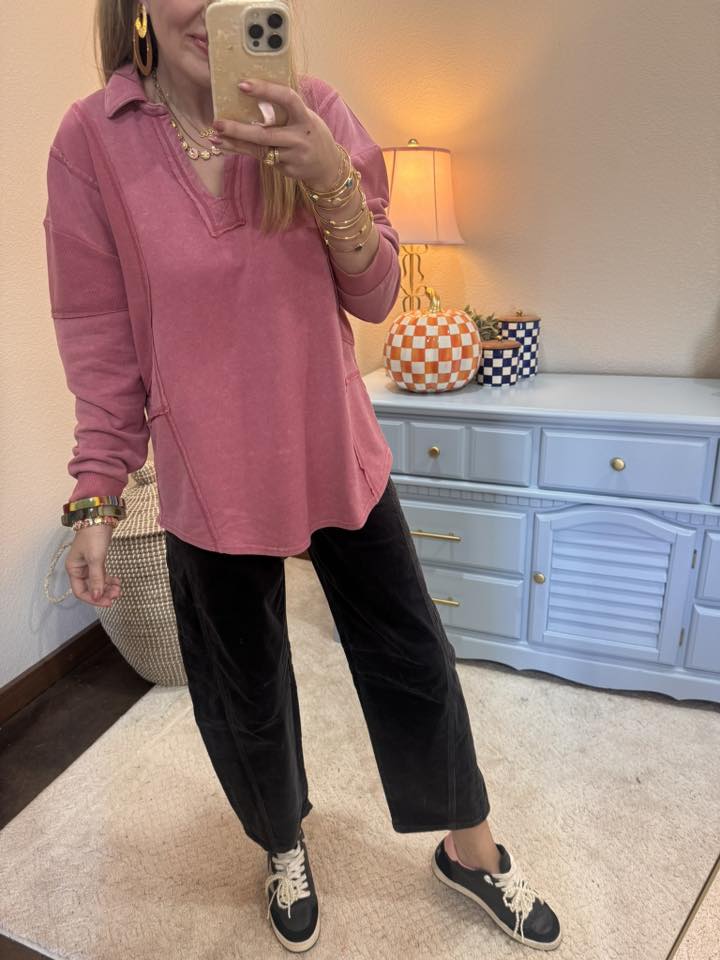 Mauve Mineral Washed French Terry Knit Top