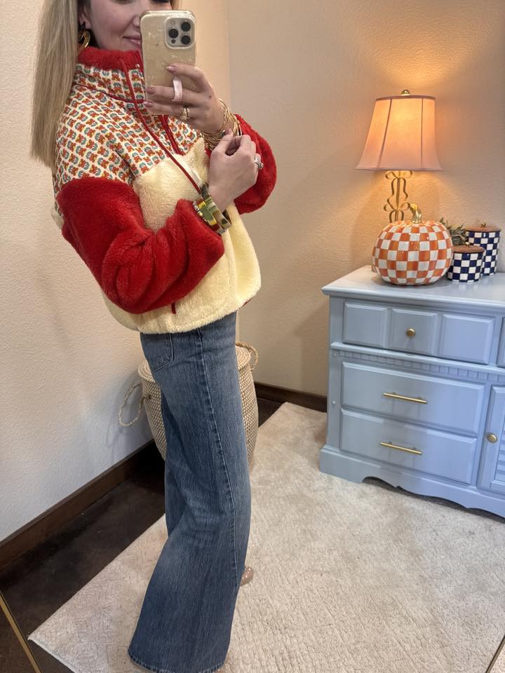 Red Mix Color Blocked Fleece Top