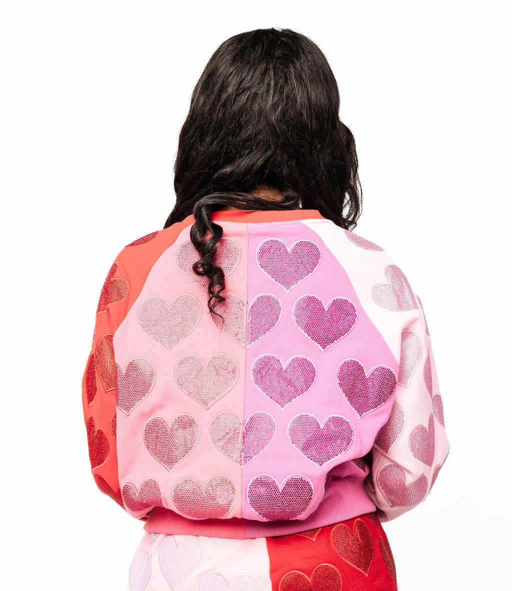 Queen of Sparkles Colorblock Rhinestone Hearts Sweatshirt