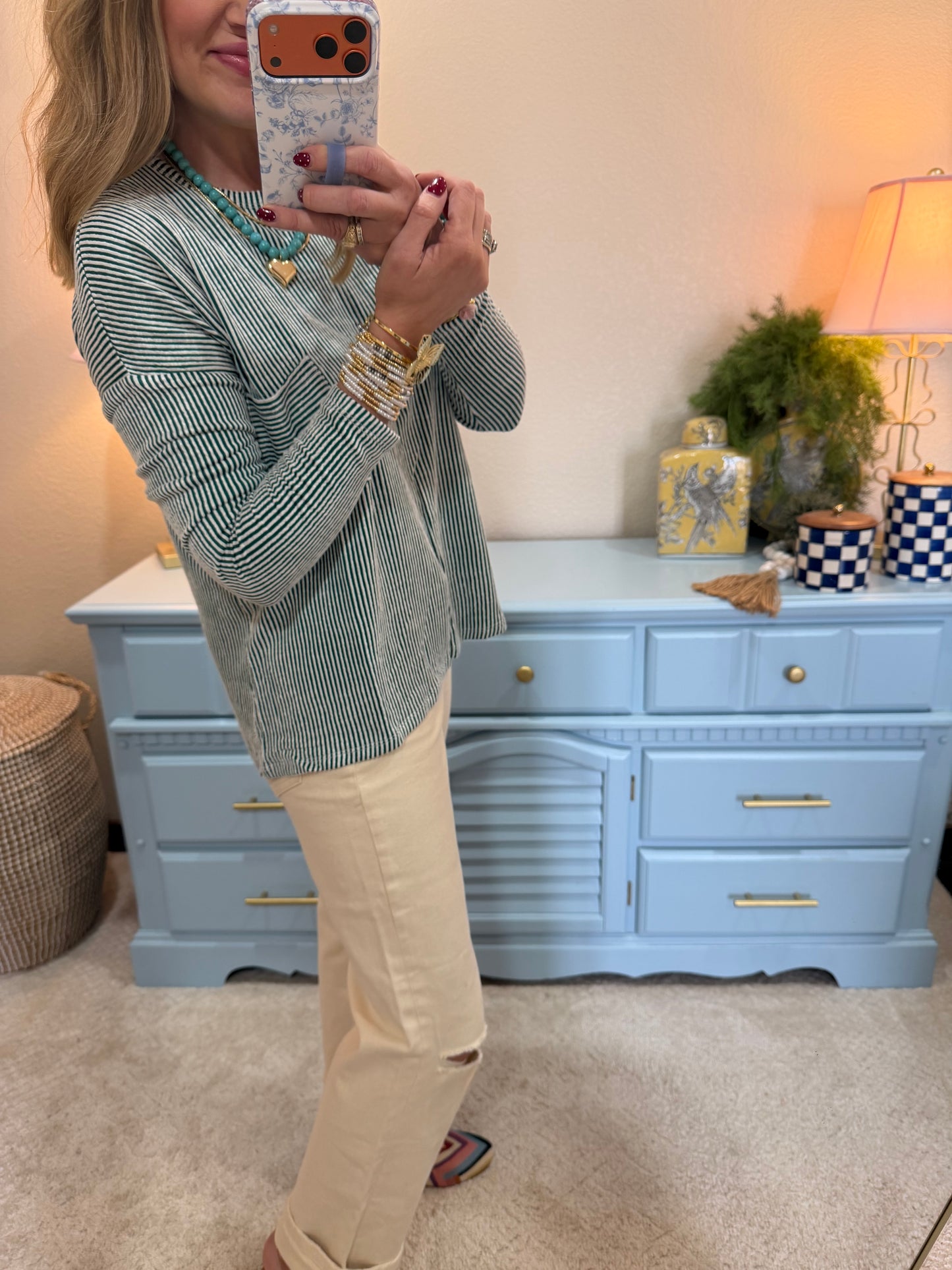 Dark Green Ribbed Long Sleeve Top