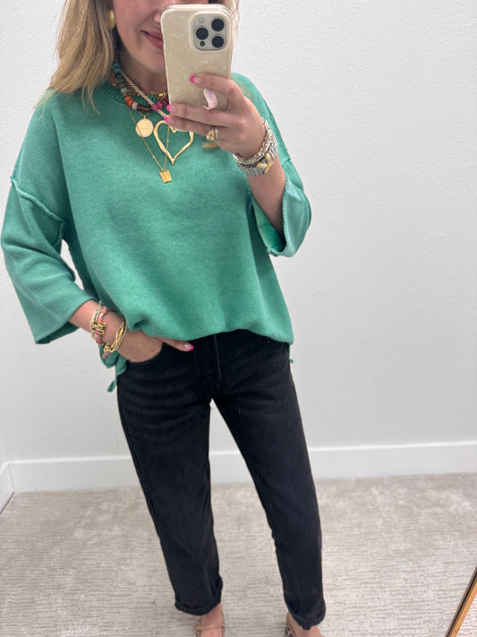 Aug18 Kelly Green Washed 3/4 Sleeve Boxy Sweater