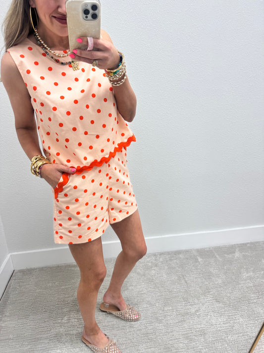 Orange and Cream Polkadot Ric Rac Two Piece Short Set