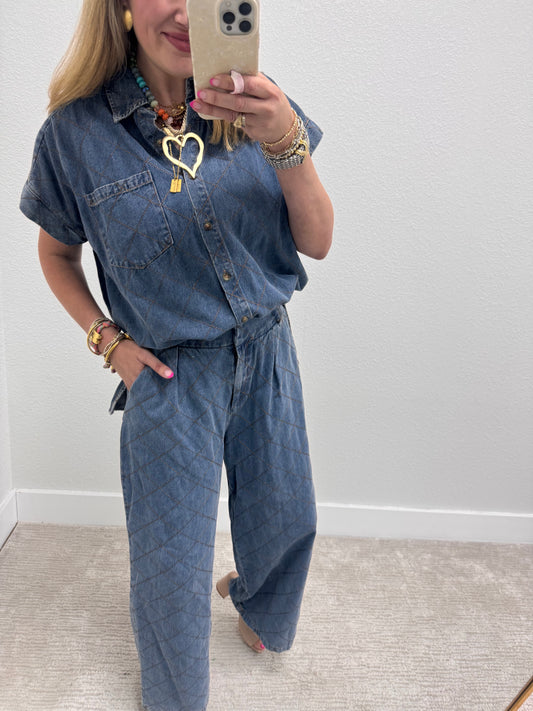 Aug18 Denim Quilted Stitched Two Piece Pant Set
