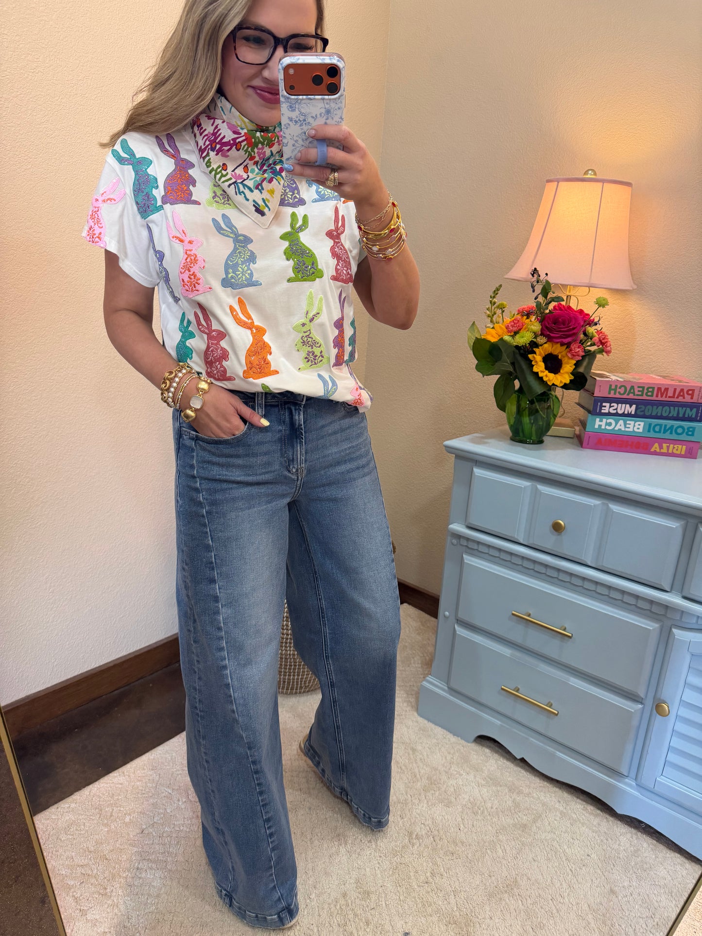 Medium Wash Wide Leg Side Panel Denim Pants