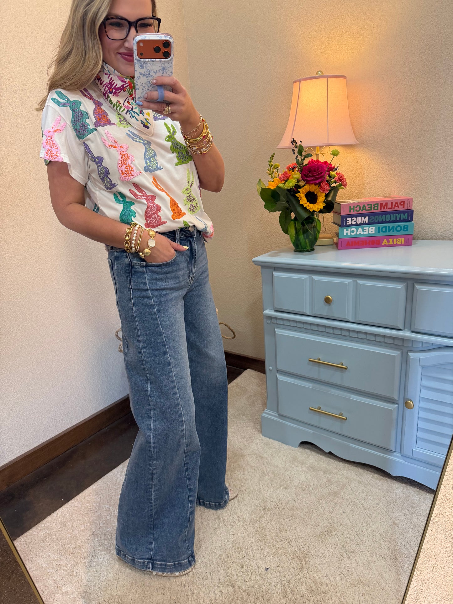 Medium Wash Wide Leg Side Panel Denim Pants