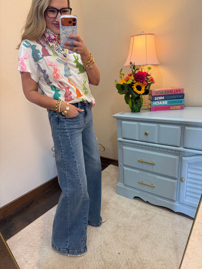 Medium Wash Wide Leg Side Panel Denim Pants