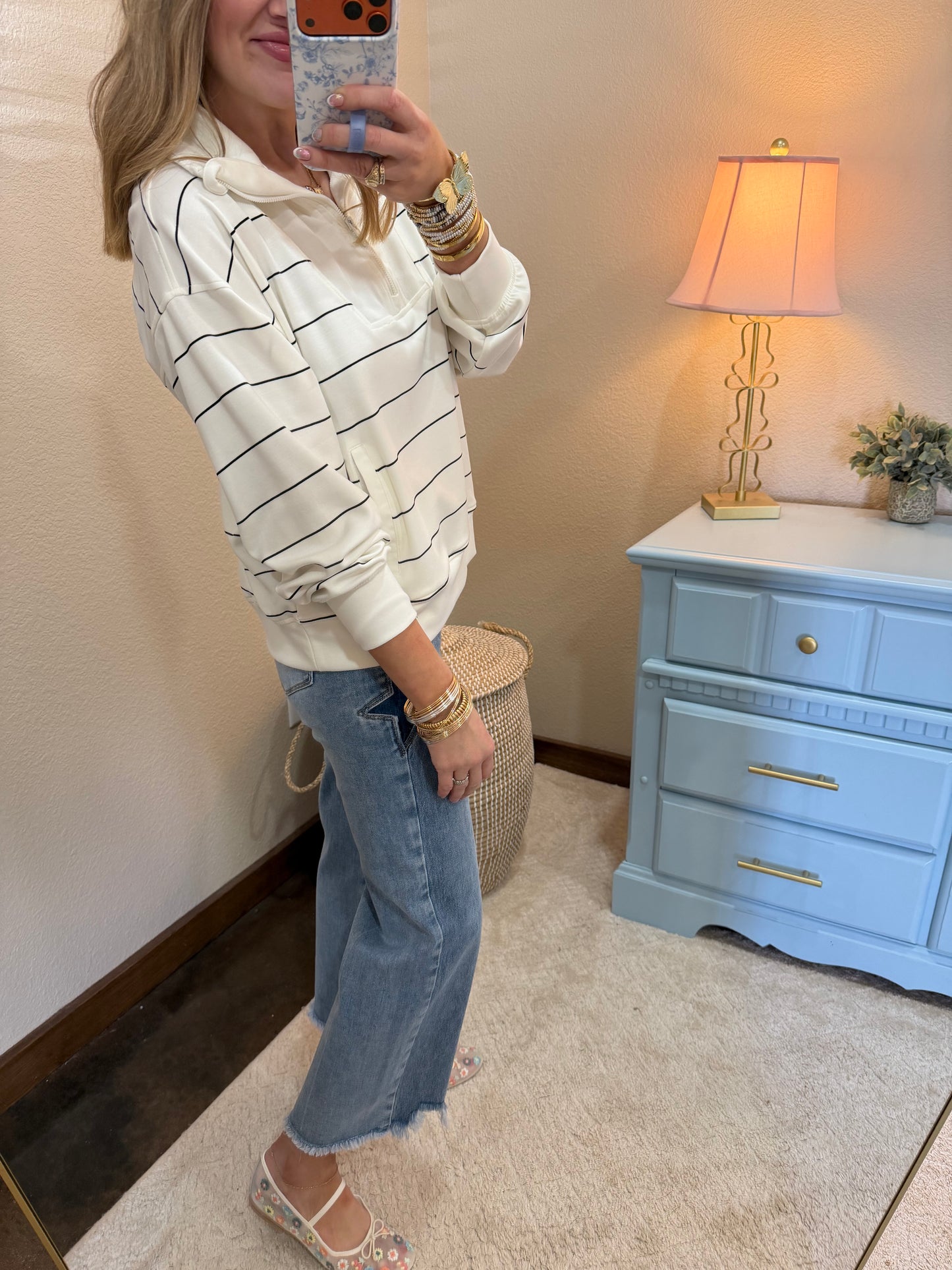 Cream Scuba Striped 3/4 Zip