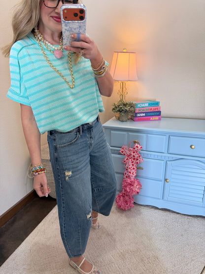 Turquoise Raised Rib Stripe Exposed Hem Top