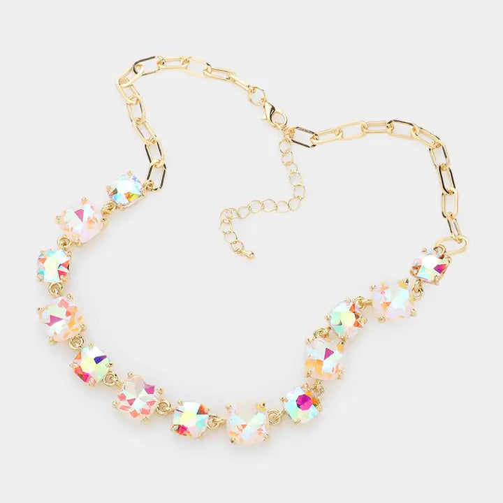 Cushion Square Stone Link Evening Necklace- Iridescent Stone