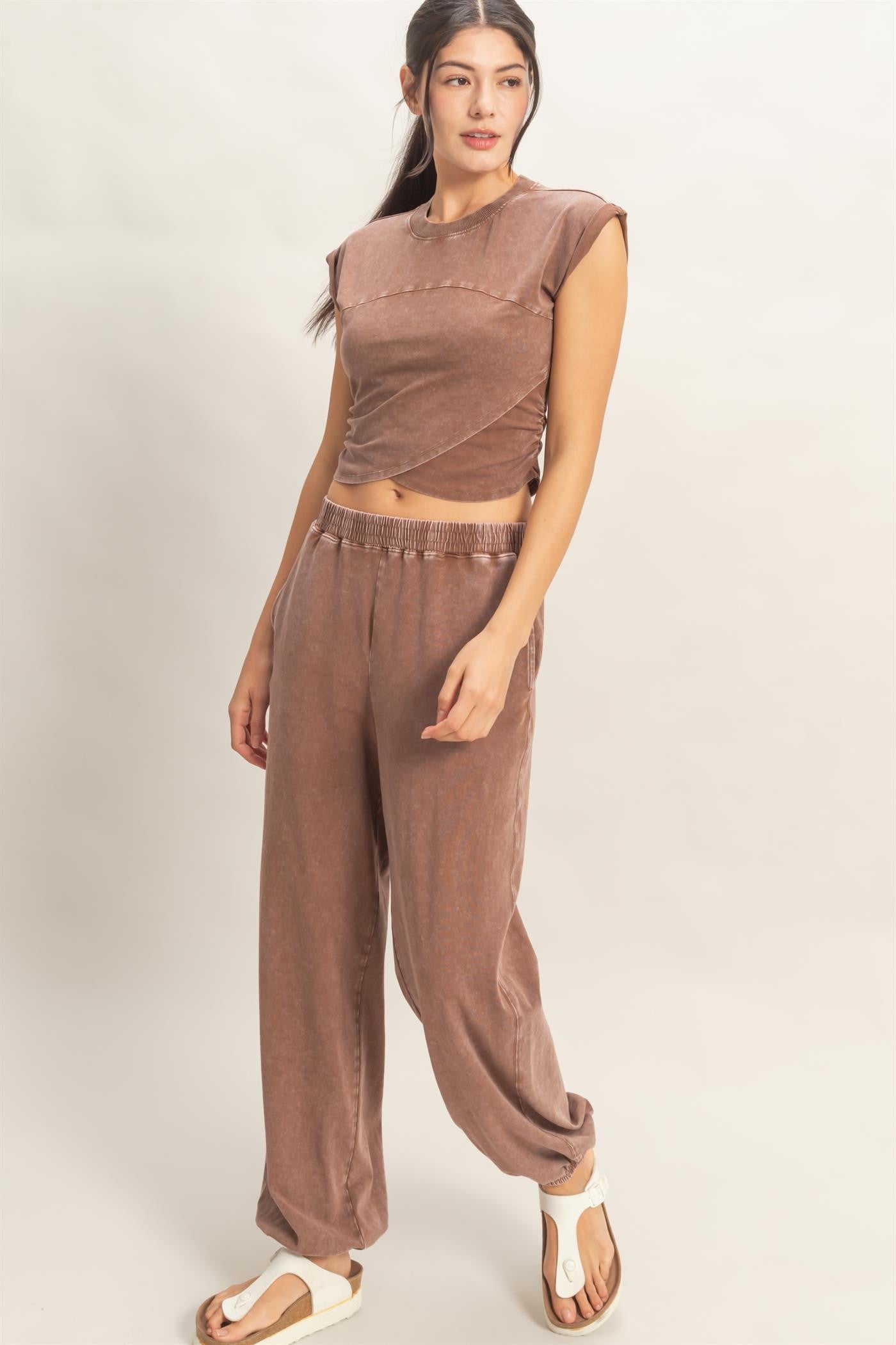 Chocolate Rolled Sleeve Wrap-front Crop Top And Jogger Set