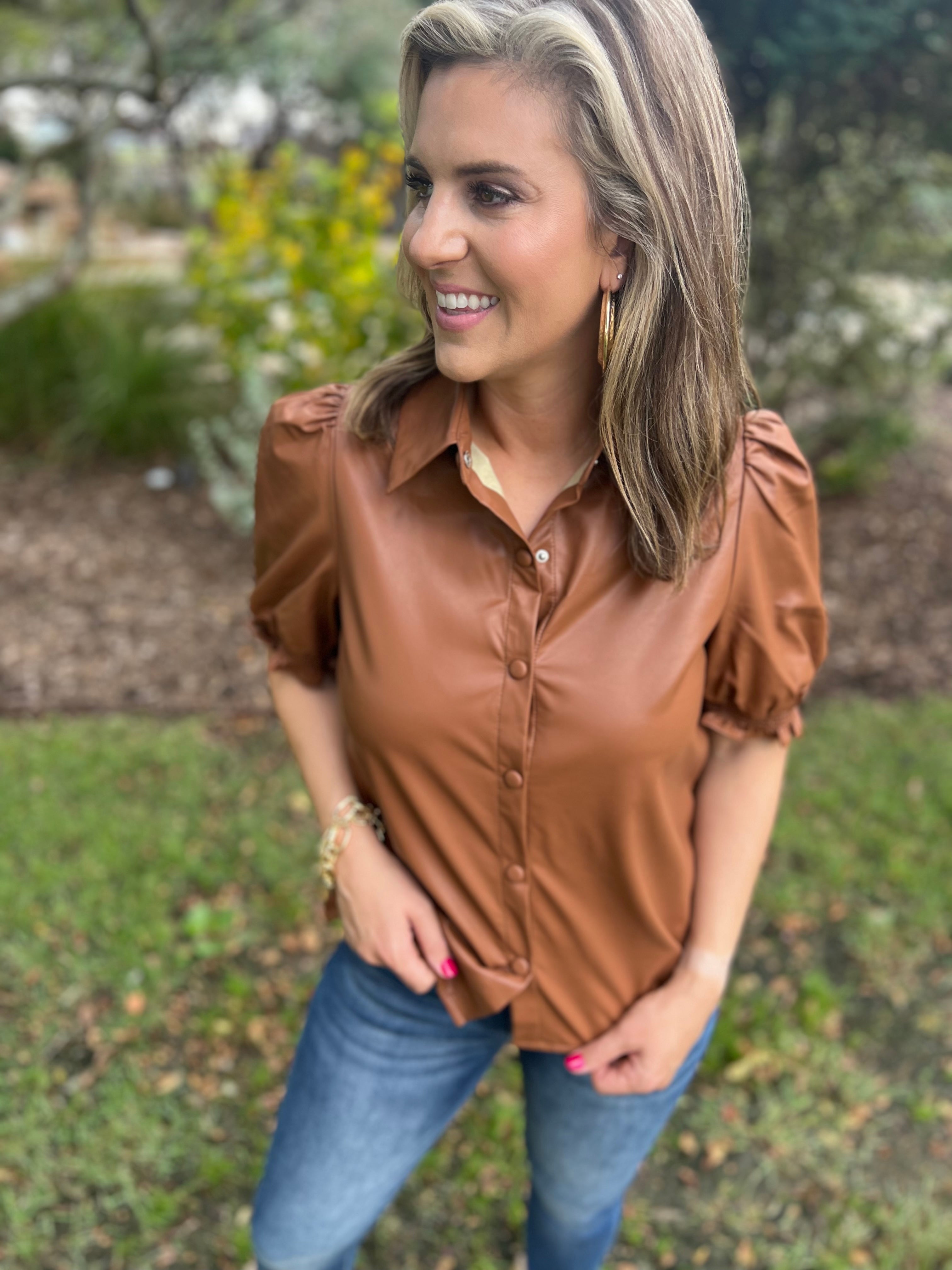 Brown Faux Leather Button Top