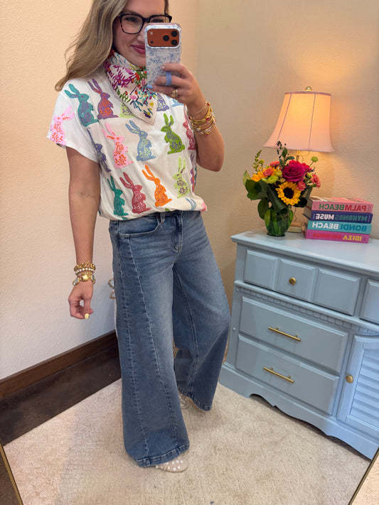 Medium Wash Wide Leg Side Panel Denim Pants