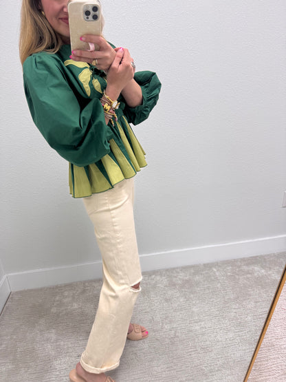 Hunter Green and Avocado Front Tie Ruffle Top