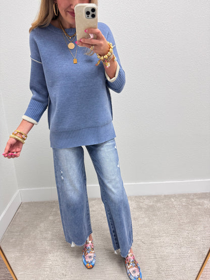 Dusty Blue & Cream Round Neck Contrast Trim Sweater