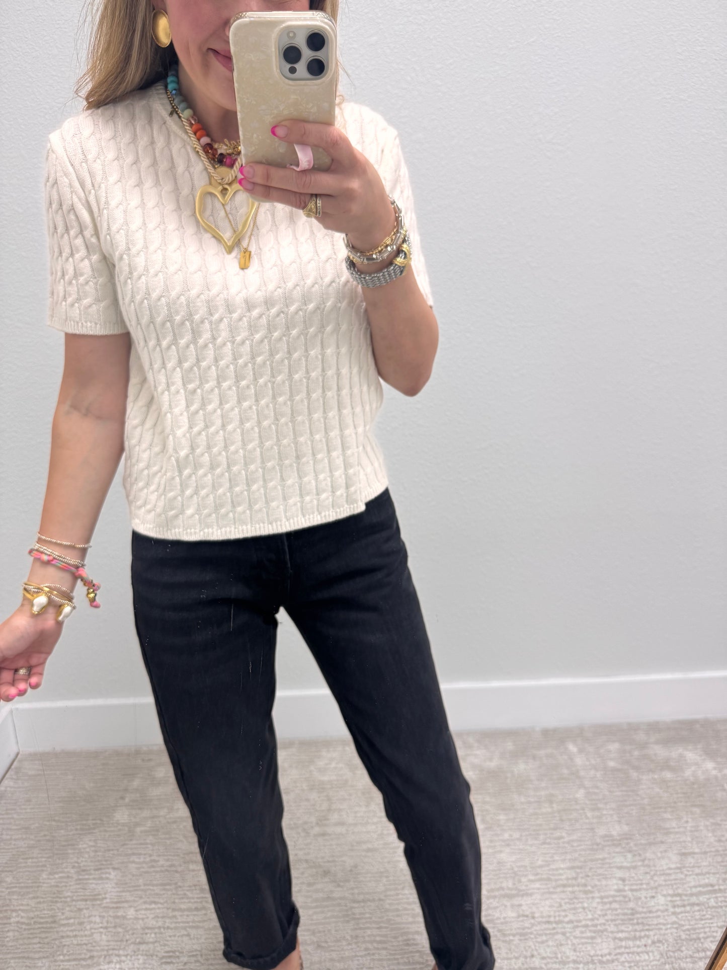 Cream Round Neck Cable Knit Top