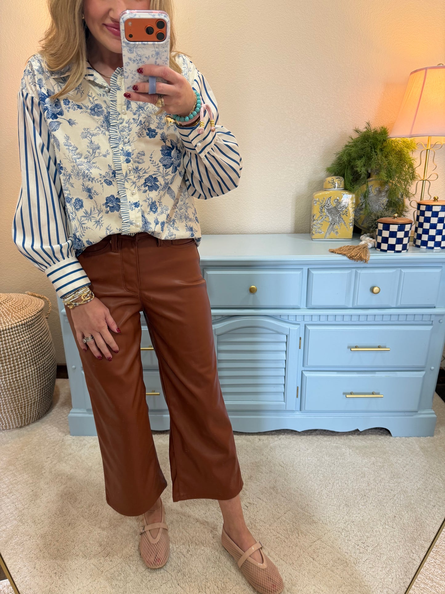 Denim Floral Stripe Sleeve Top with Pearl Buttons