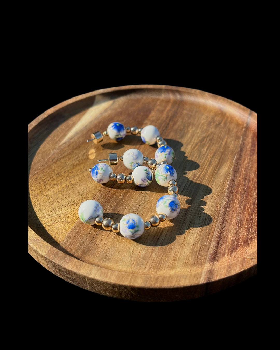 Blue & White with Gold Beaded Hoops