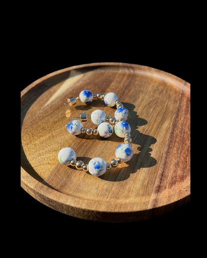Blue & White with Gold Beaded Hoops