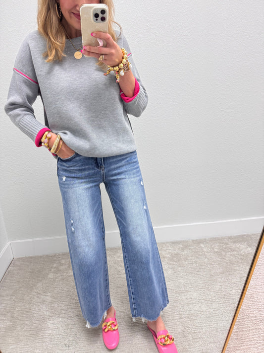 Charcoal & Pink Round Neck Contrast Trim Sweater