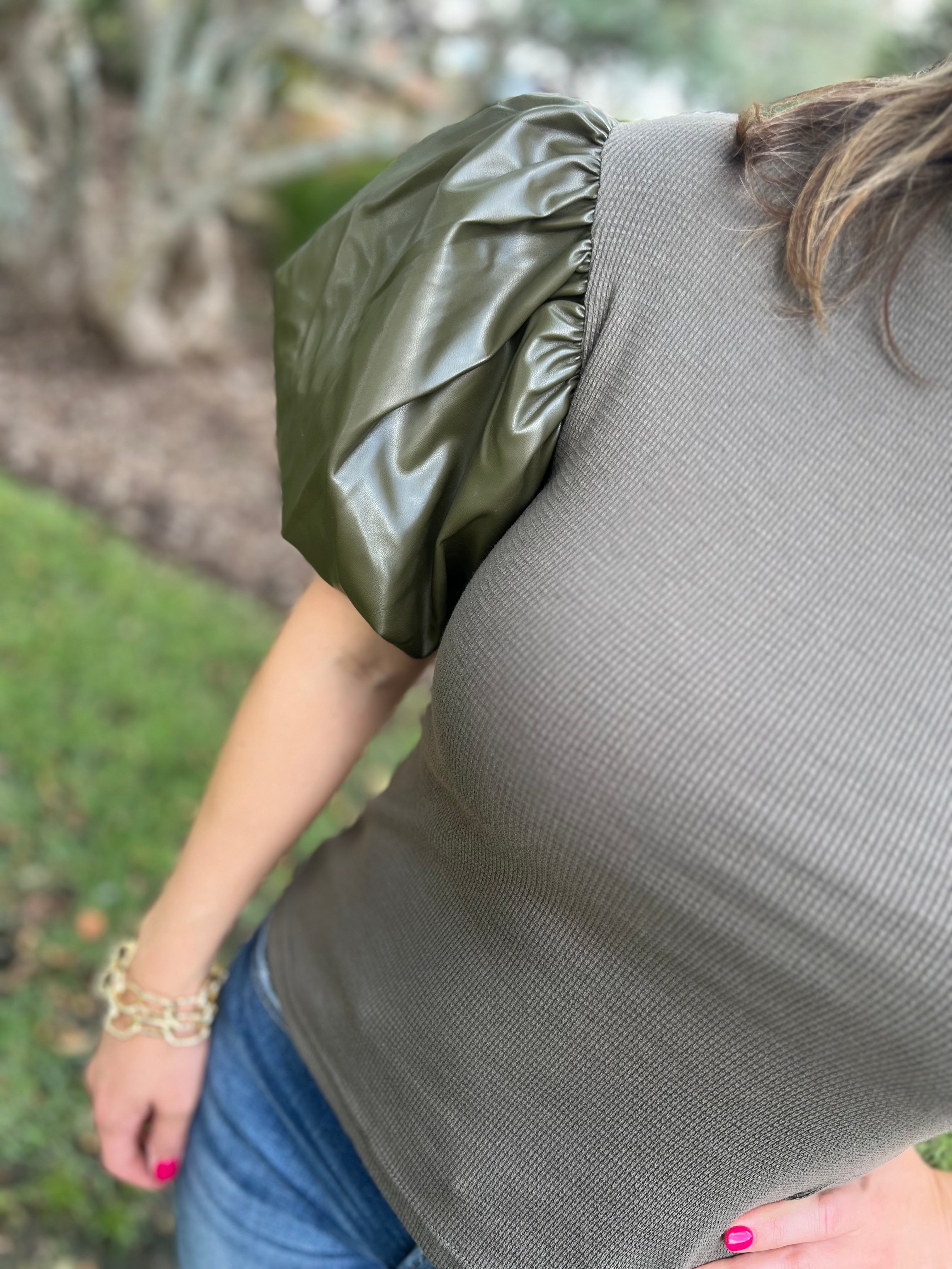 Olive Leather Sleeve Top