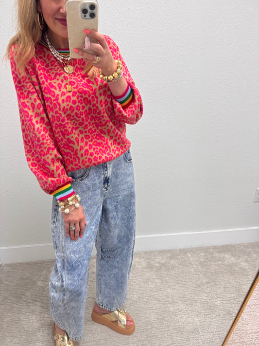 Aug11- Hot Pink Leopard Colorful Trim Sweater