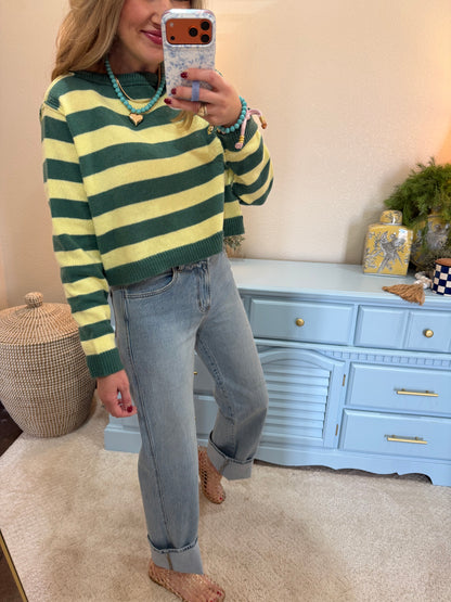 Dark Green & Pale Yellow Relaxed Fit Striped Boat Neck Sweater