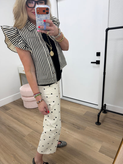 Cream & Black Polka Dot Twill Denim Straight Fit Pants
