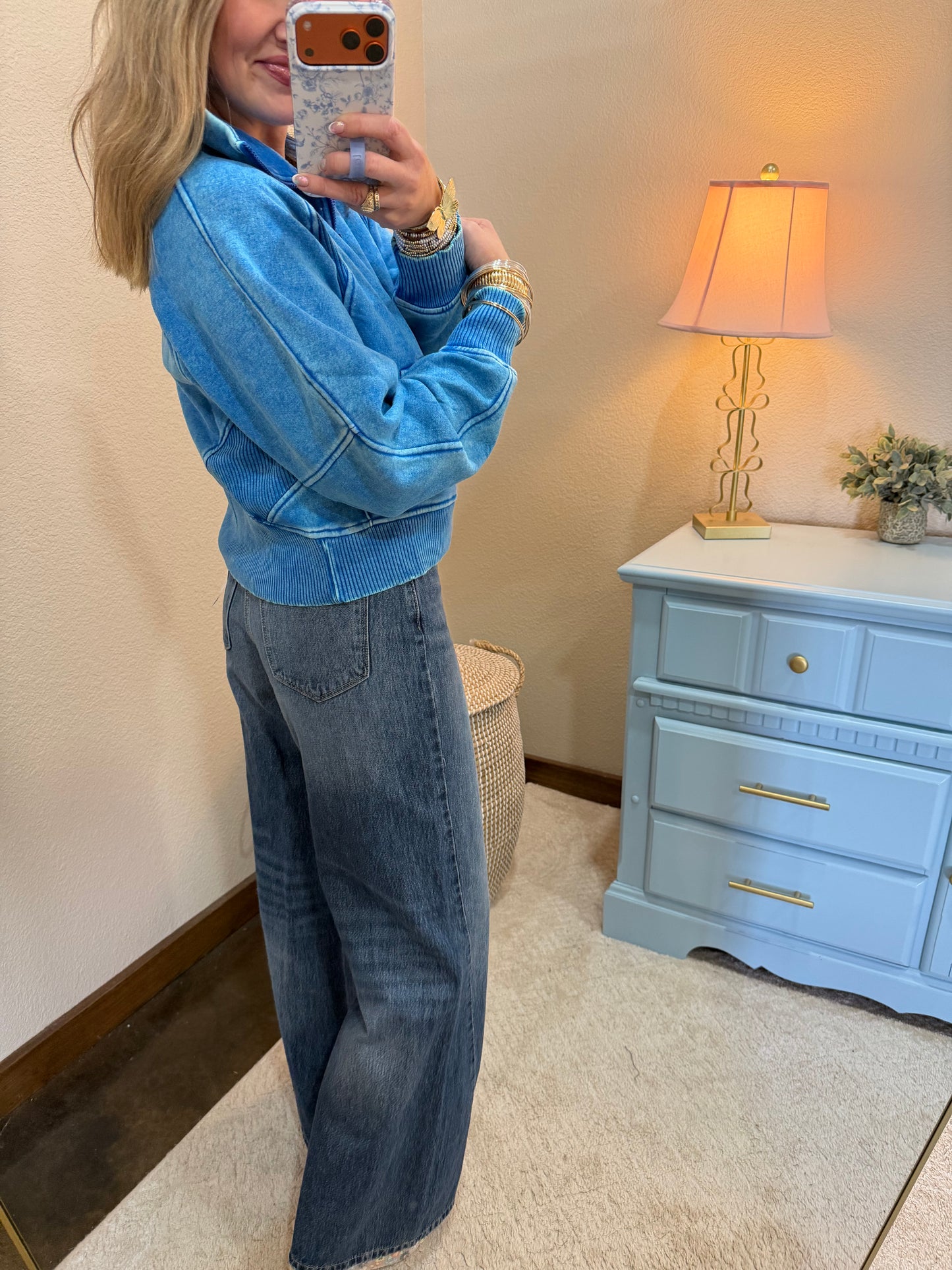 Ocean Blue Acid Washed Half Zip Fleece Pullover