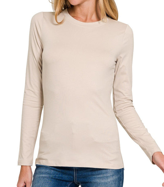 Beige Brushed Microfiber Long Sleeve Round Neck Tee