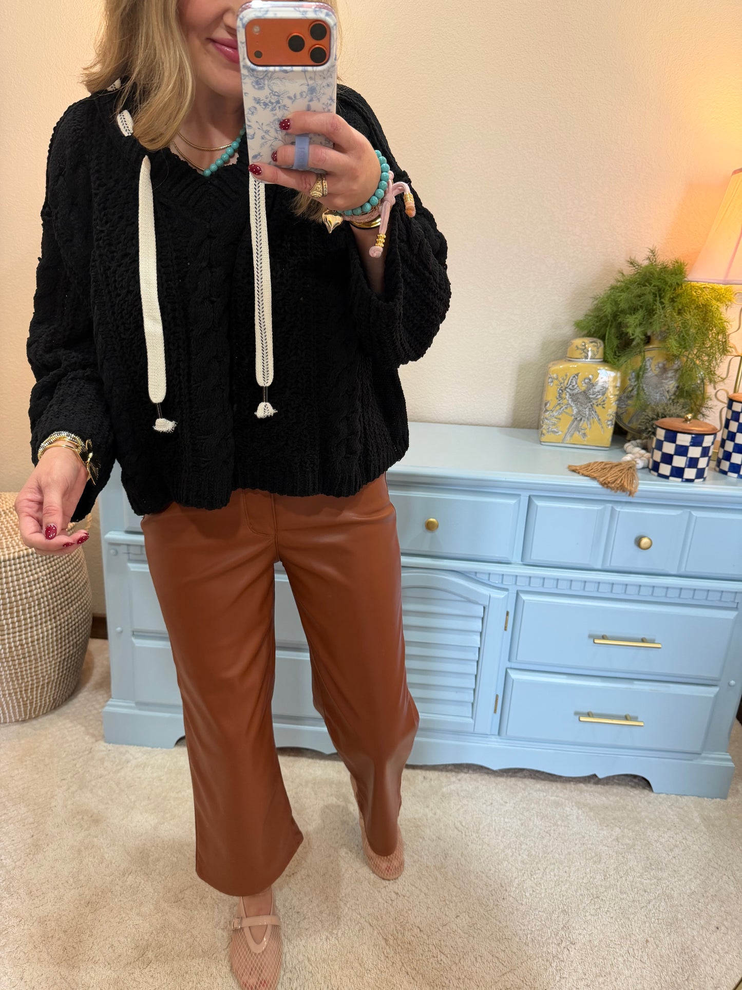 Black Cable Knit Printed Tie Sweater