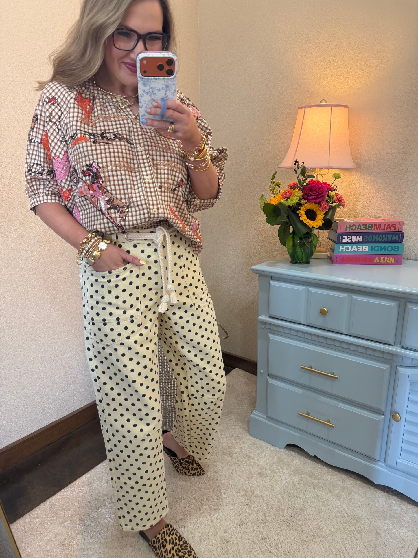 Ivory & Cream Polka Dots String Barrel Pants