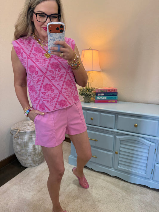 Pink Floral Knit Cap Sleeve Top