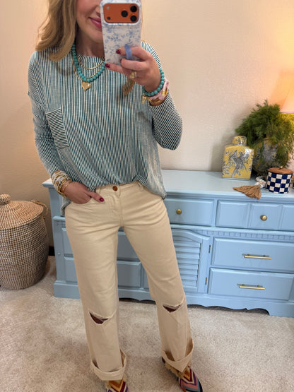 Dark Green Ribbed Long Sleeve Top