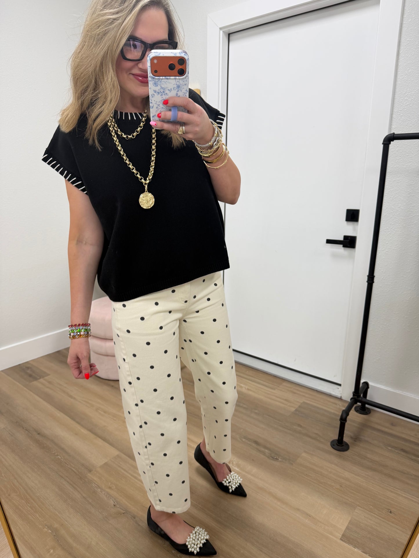 Cream & Black Polka Dot Twill Denim Straight Fit Pants