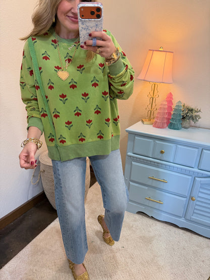 Green Flower Print Split Hem Pullover Top