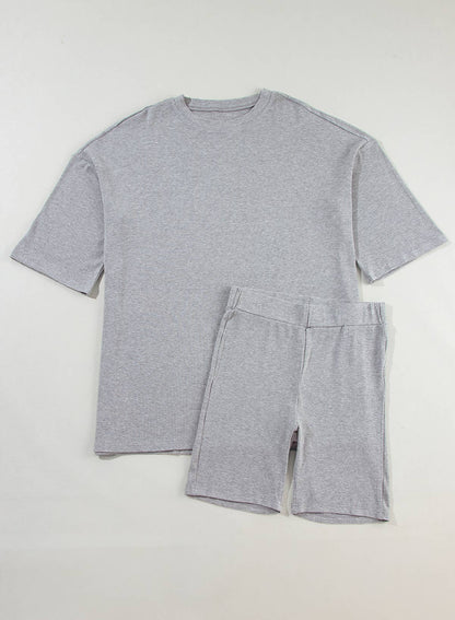 Gray Oversized Loose Tee and Skinny Shorts Set
