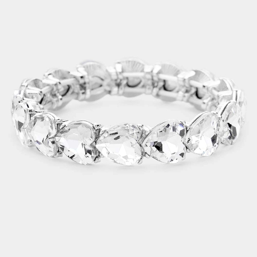 Heart Crystal Stretch Evening Bracelet- Silver