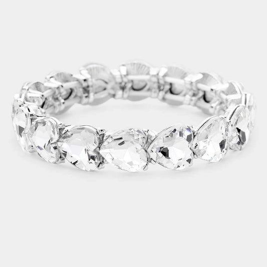Heart Crystal Stretch Evening Bracelet- Silver