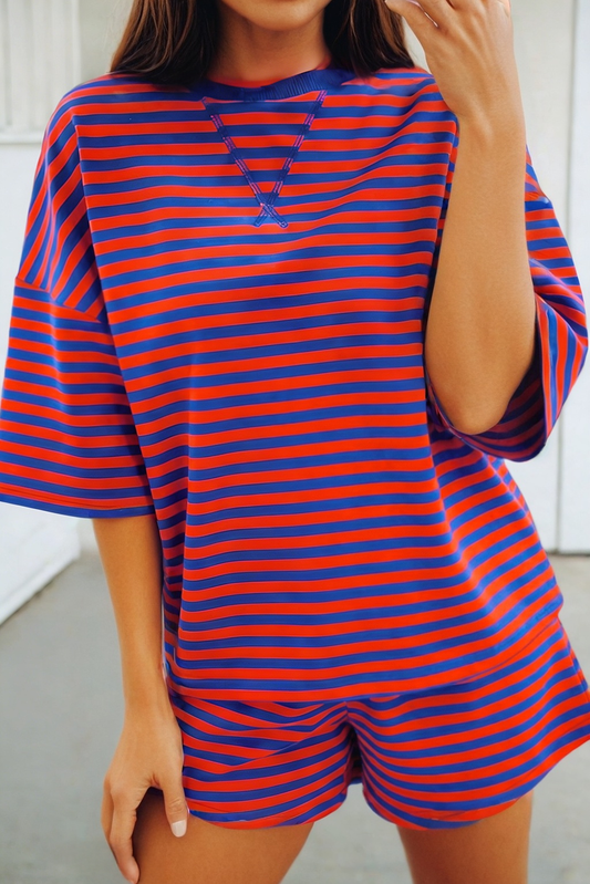 Red & Blue Stripe Pullover Elastic Waist Shorts Set